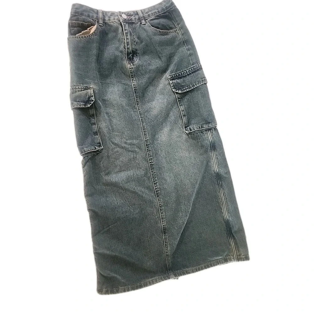 Angel Kiss Cargo Blue Jean Denim Maxi Skirt Y2K Style Back Slit Bungie Size 5/27